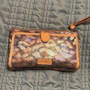 Consuela Iris slim wallet, Textured leather with iridescent jag print exterior.